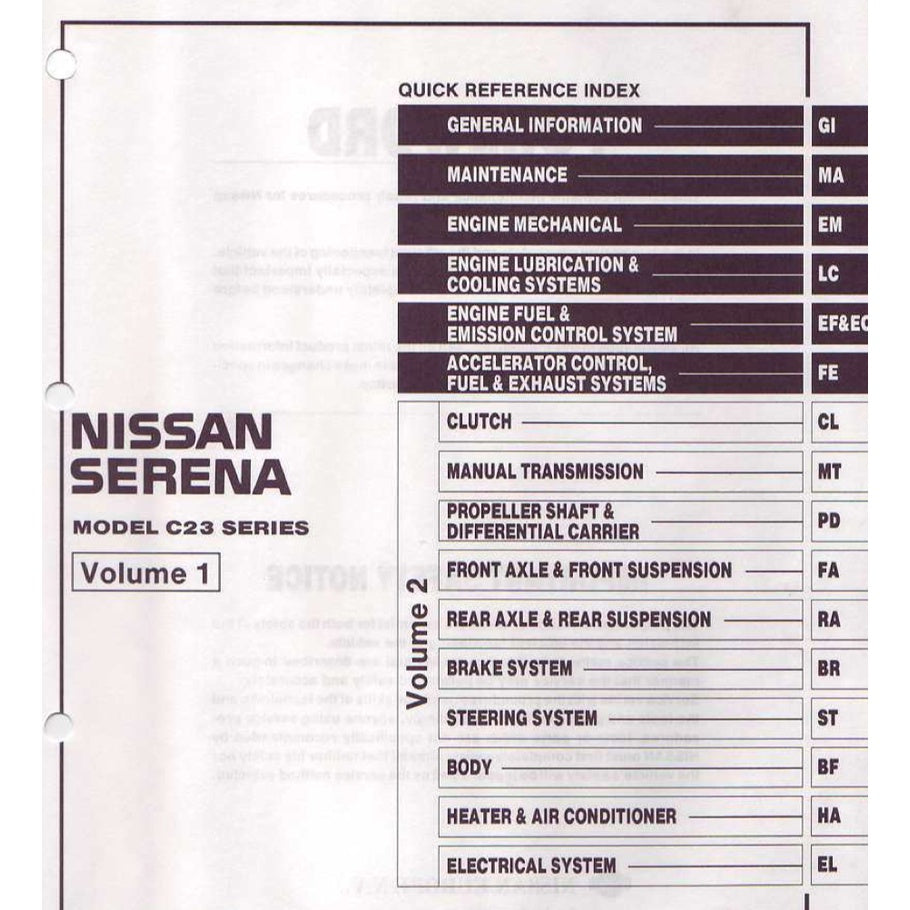 NISSAN SERENA C23 (1991-2001) SERVICE WORKSHOP MANUAL