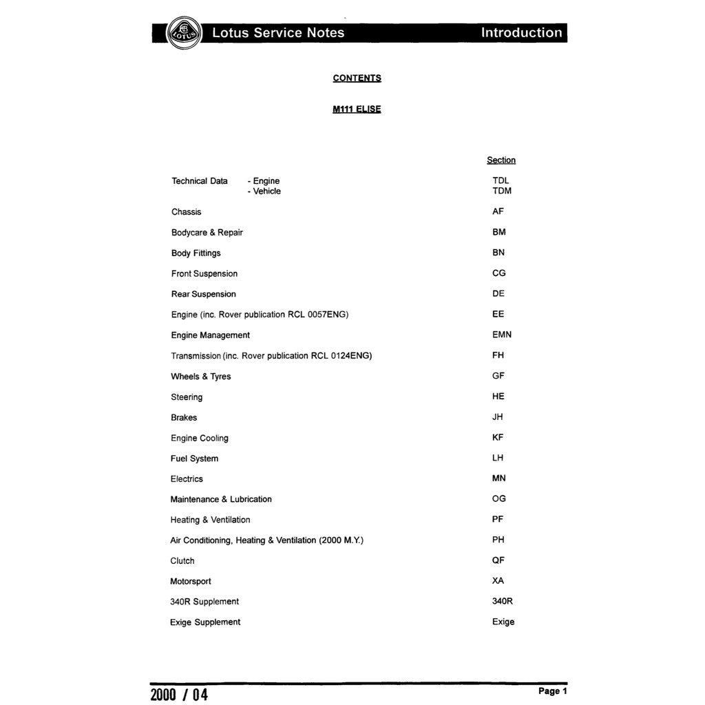 LOTUS ELISE S1 M111  (1994-2001) SERVICE NOTE WORKSHOP MANUAL
