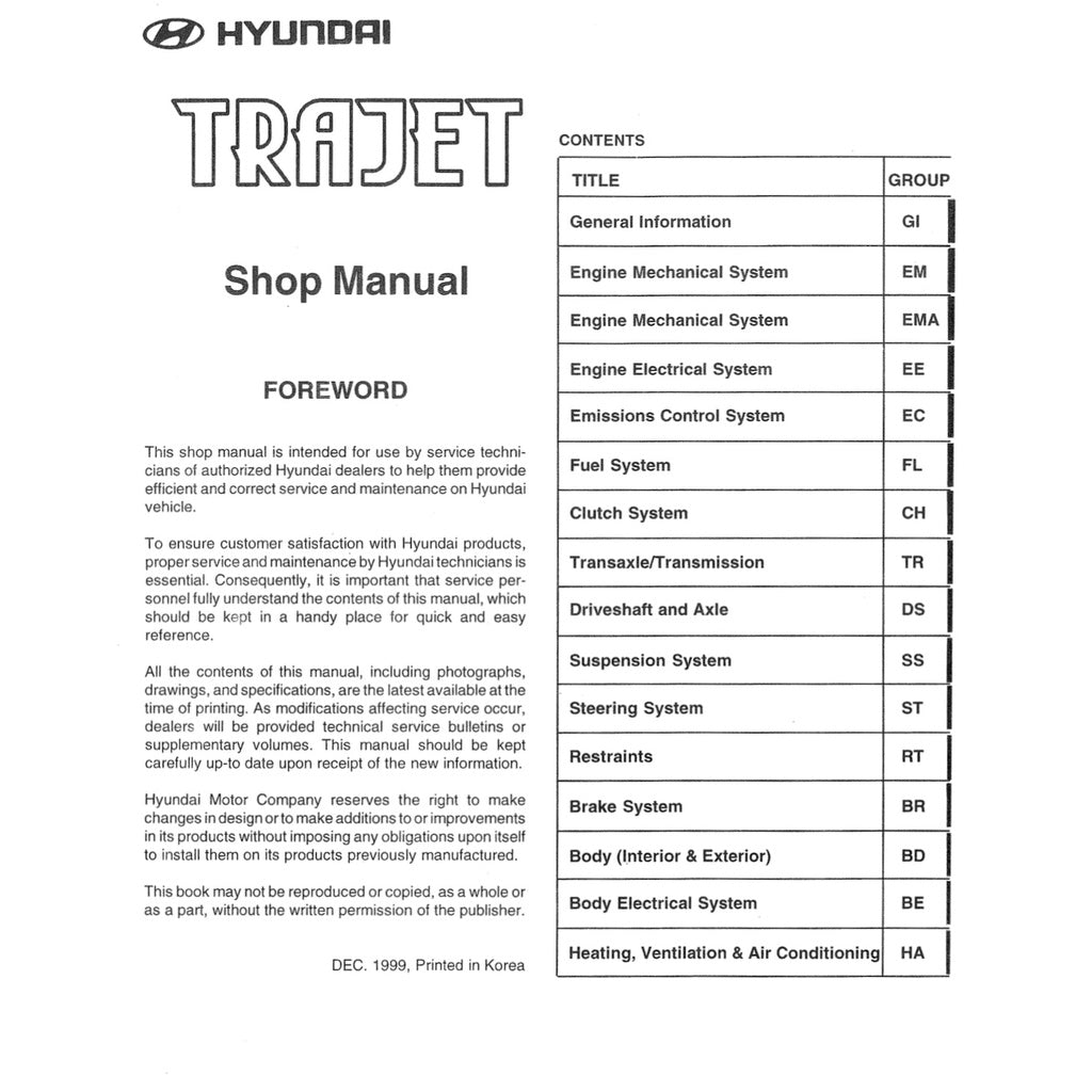 HYUNDAI TRAJET (1999-2008) SERVICE WORKSHOP MANUAL