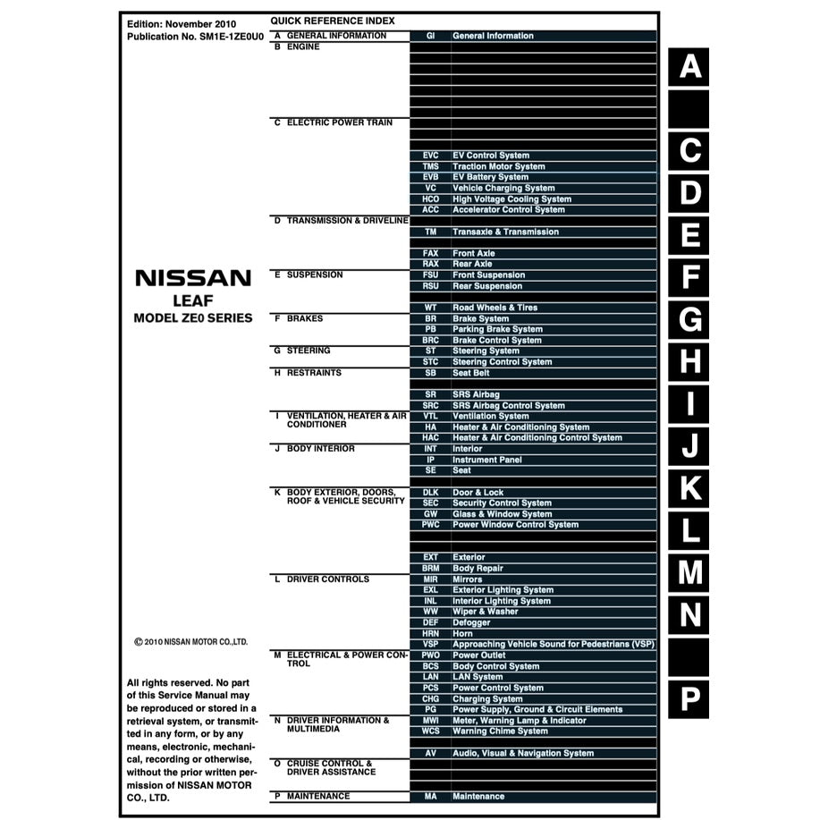 NISSAN LEAF ZE0 (2011-2017) SERVICE WORKSHOP MANUAL