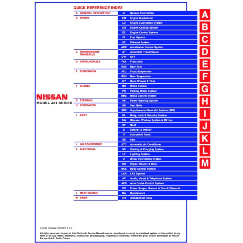 NISSAN TEANA CEFIRO (2003-2008) SERVICE WORKSHOP MANUAL