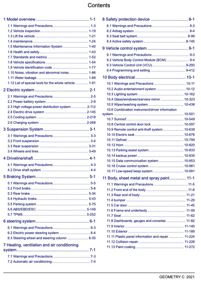 GEELY GEOMETRY-C (2021+) SERVICE WORKSHOP MANUAL
