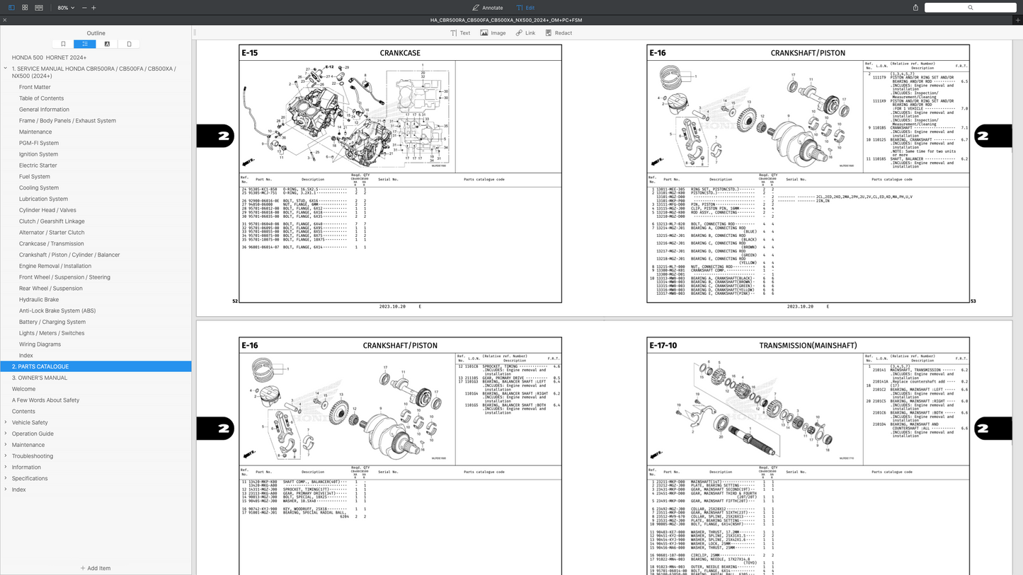 HONDA NX500 / CB500XA (2024+) SERVICE WORKSHOP MANUAL + PARTS CATALOGUE + OWNER'S MANUAL