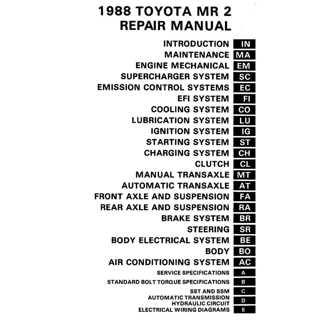 TOYOTA MR-2 SW10 (1984-1989) SERVICE WORKSHOP MANUAL