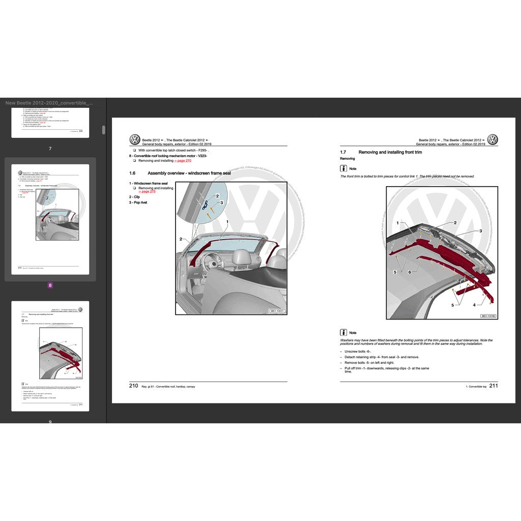 VW NEW BEETLE A5 (2011-2019) CONVERTIBLE TOP SERVICE WORKSHOP MANUAL