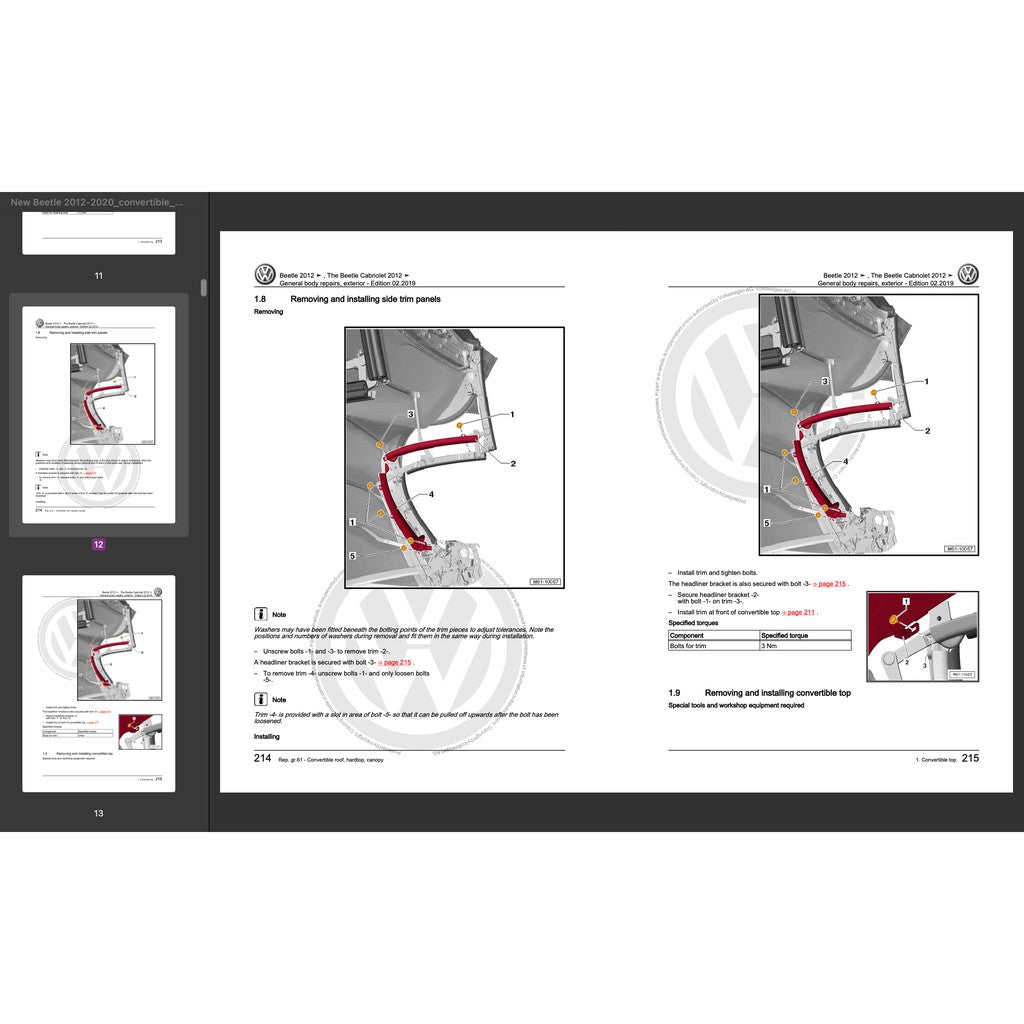 VW NEW BEETLE A5 (2011-2019) CONVERTIBLE TOP SERVICE WORKSHOP MANUAL