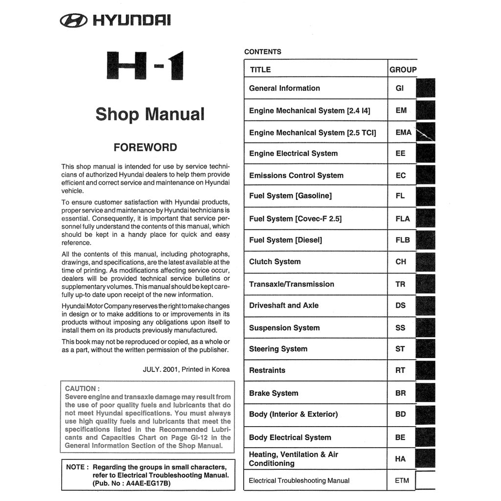 HYUNDAI STAREX H1/A1 (1997-2007) SERVICE WORKSHOP MANUAL