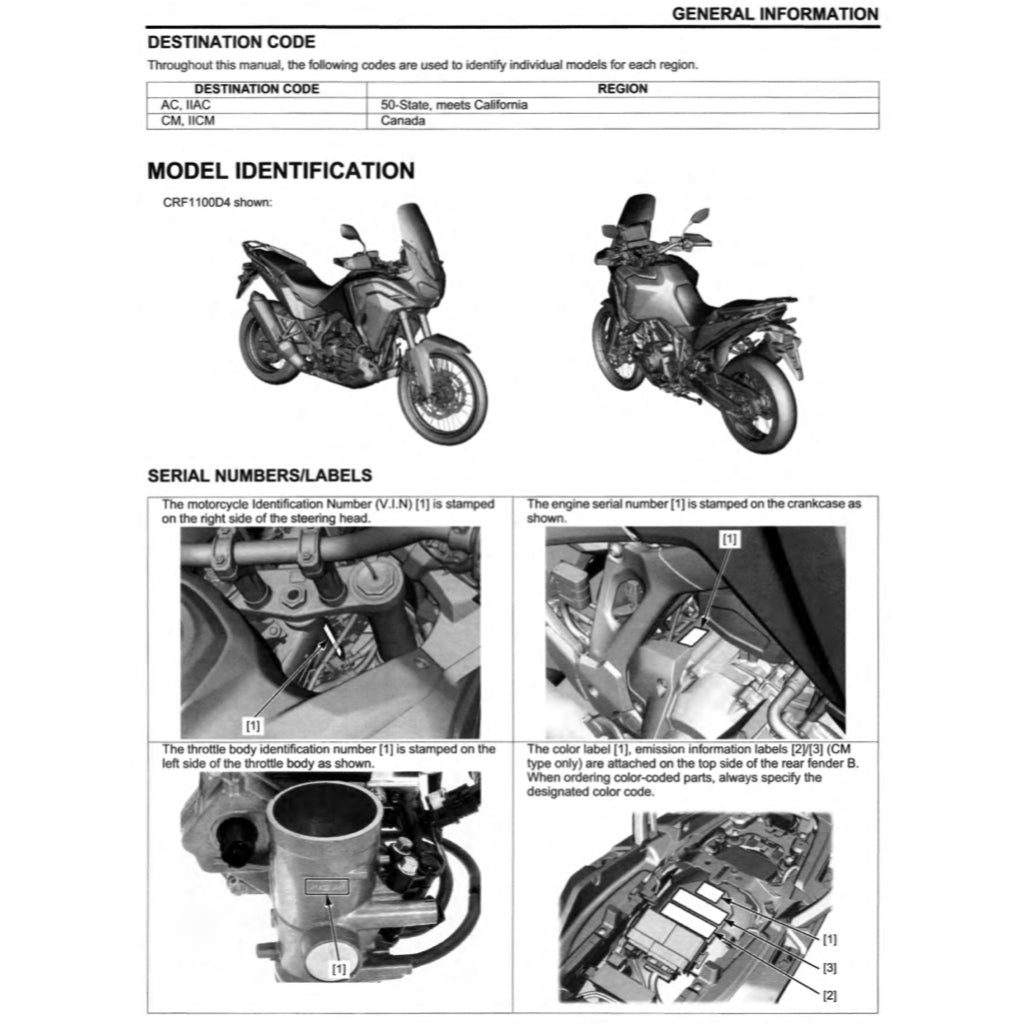 HONDA AFRICA TWIN CRF 1100 A/D (2020-2023) SERVICE WORKSHOP MANUAL + PARTS CATALOGUE + OWNER'S MANUAL