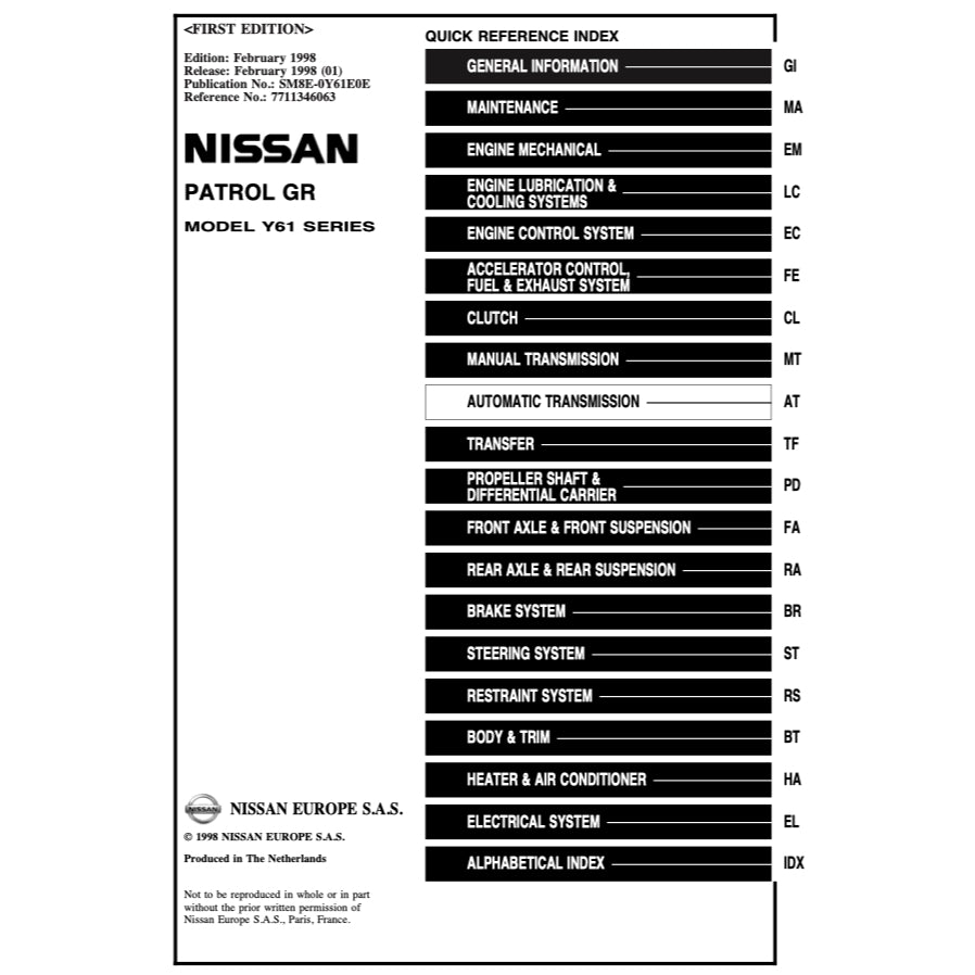 NISSAN PATROL Y61 GR (1997-2016) SERVICE WORKSHOP MANUAL