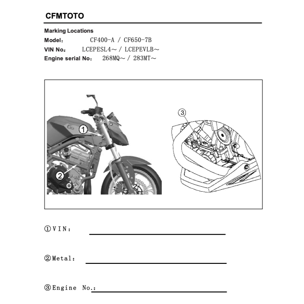 CFMOTO 400NK CF400-A (2017-2022) SERVICE WORKSHOP MANUAL + PARTS CATALOGUE + OWNER'S MANUAL