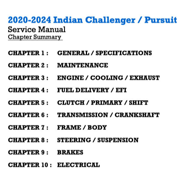 INDIAN CHALLENGER / PURSUIT (2020+) SERVICE WORKSHOP MANUAL + OWNER'S MANUAL