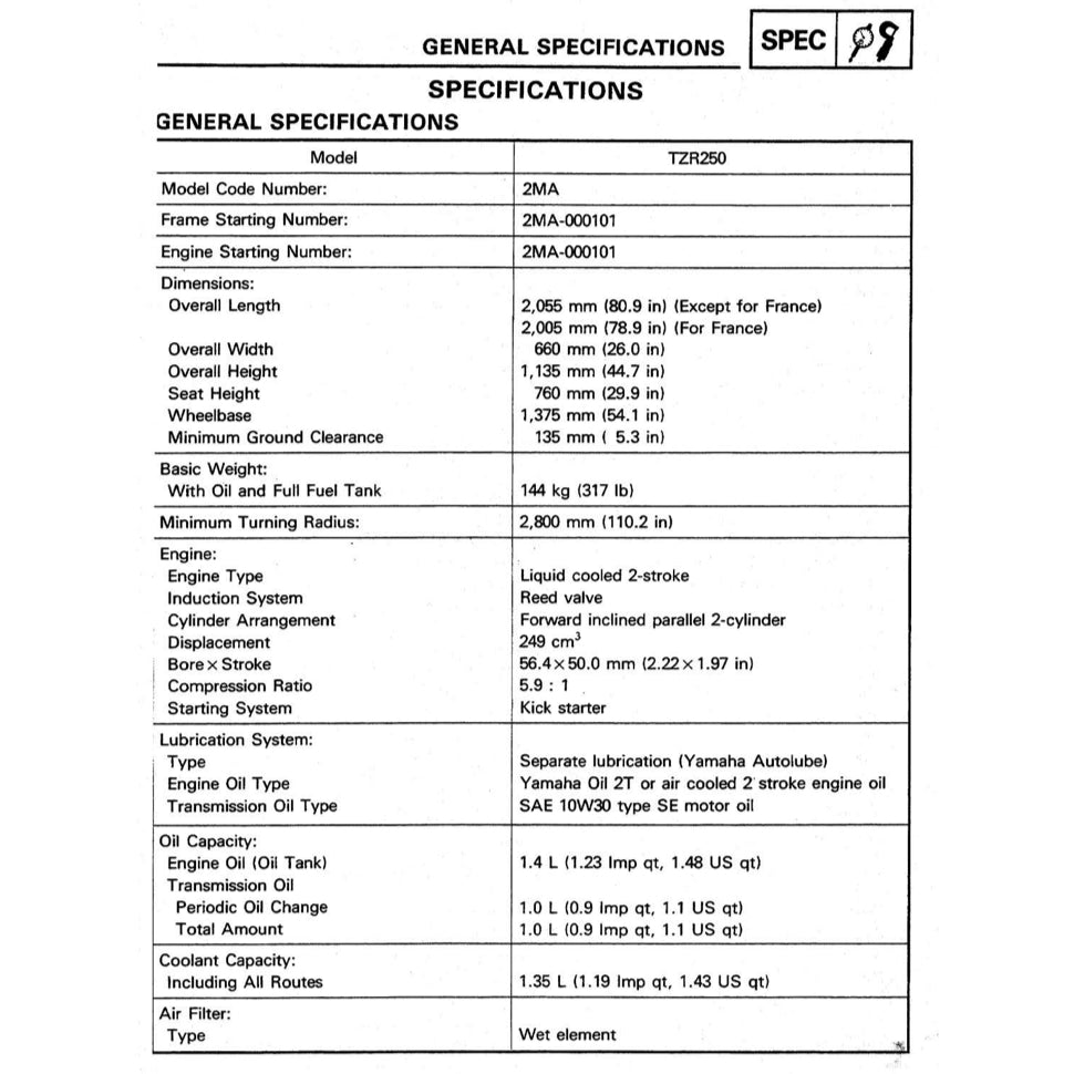 YAMAHA TZR250 2MA 3MA (1986-1995) SERVICE WORKSHOP MANUAL + PARTS CATALOGUE +OWNER'S MANUAL ENGLISH/JAPANESE