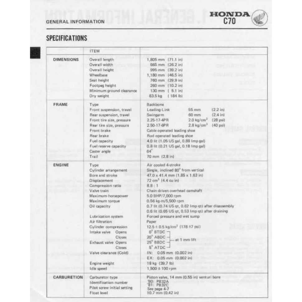 HONDA CUB70 C70 (1970-1991) SERVICE WORKSHOP MANUAL + PARTS CATALOGUE + OWNER'S MANUAL