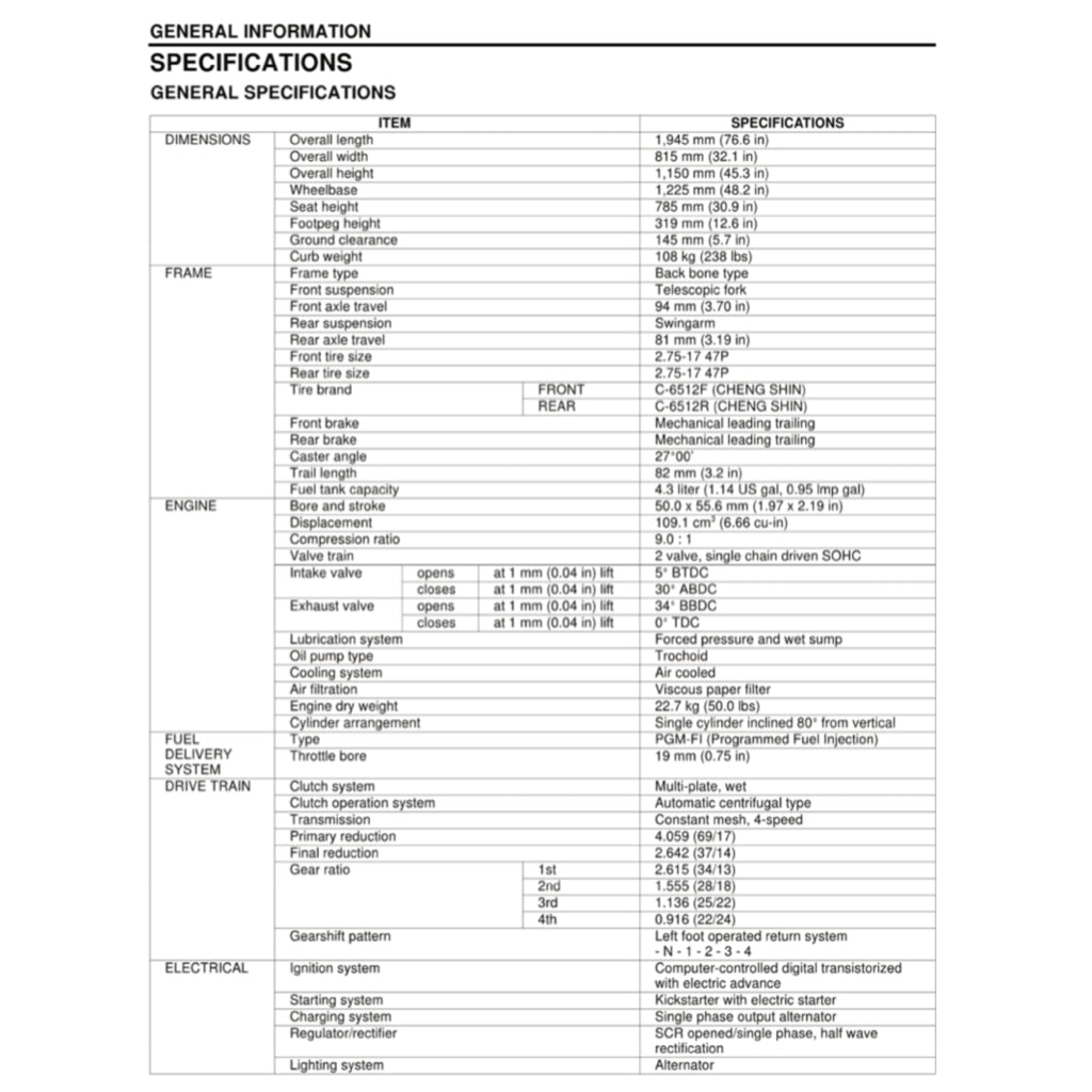 HONDA DREAM EX5 FI 110i (2013-2018) SERVICE WORKSHOP MANUAL + PARTS CATALOGUE + OWNER'S MANUAL