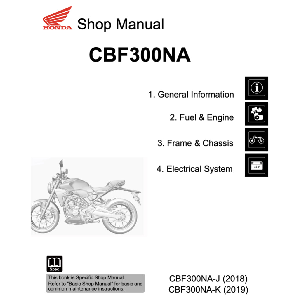 HONDA CBF300 / CB300R (2018+) SERVICE WORKSHOP MANUAL + PARTS CATALOGUE + OWNER'S MANUAL