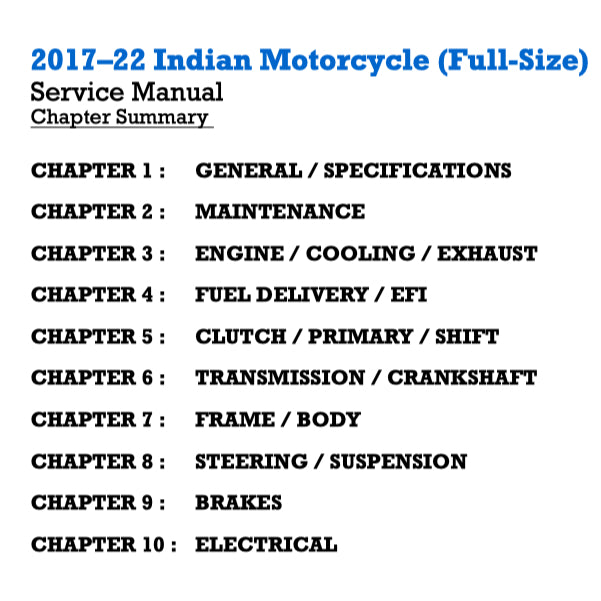 INDIAN CHIEFTAIN (2017-2022) SERVICE WORKSHOP MANUAL + OWNER'S MANUAL