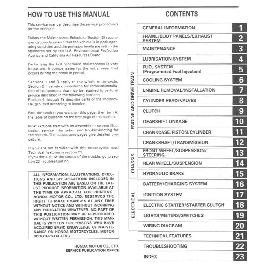 HONDA VFR800 Fi INTERCEPTOR (1997-2001) SERVICE WORKSHOP MANUAL + OWNER'S MANUAL