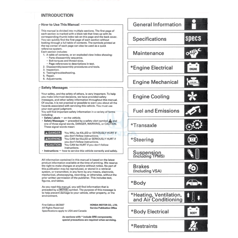 HONDA PILOT YF 1/2 (2003-2008) SERVICE WORKSHOP MANUAL