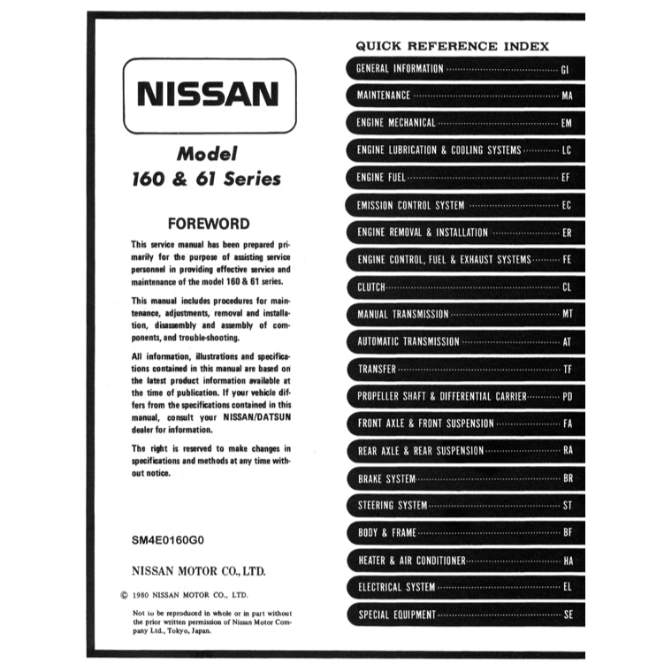NISSAN PATROL 160 / 161 MQ (1980-1989) SERVICE WORKSHOP MANUAL