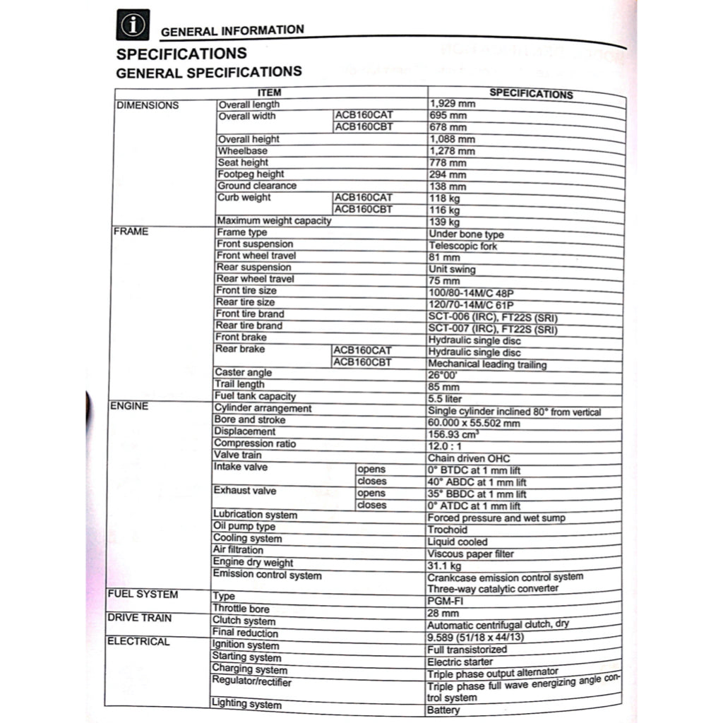 HONDA VARIO 160 ACB160CAT (2022+) SERVICE WORKSHOP MANUAL + PARTS CATALOGUE + OWNER'S MANUAL + TRAINING HANDOUTS