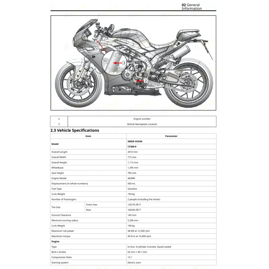 CFMOTO 500SR VOOM (2025+) SERVICE WORKSHOP MANUAL + PARTS CATALOGUE+ OWNER'S MANUAL