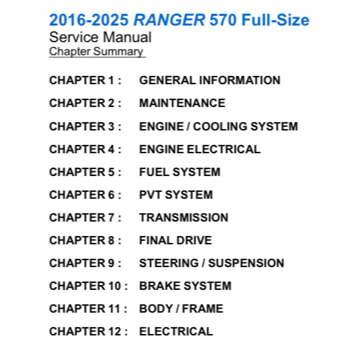 POLARIS RANGER 570 ATV (2016-2025) SERVICE WORKSHOP MANUAL