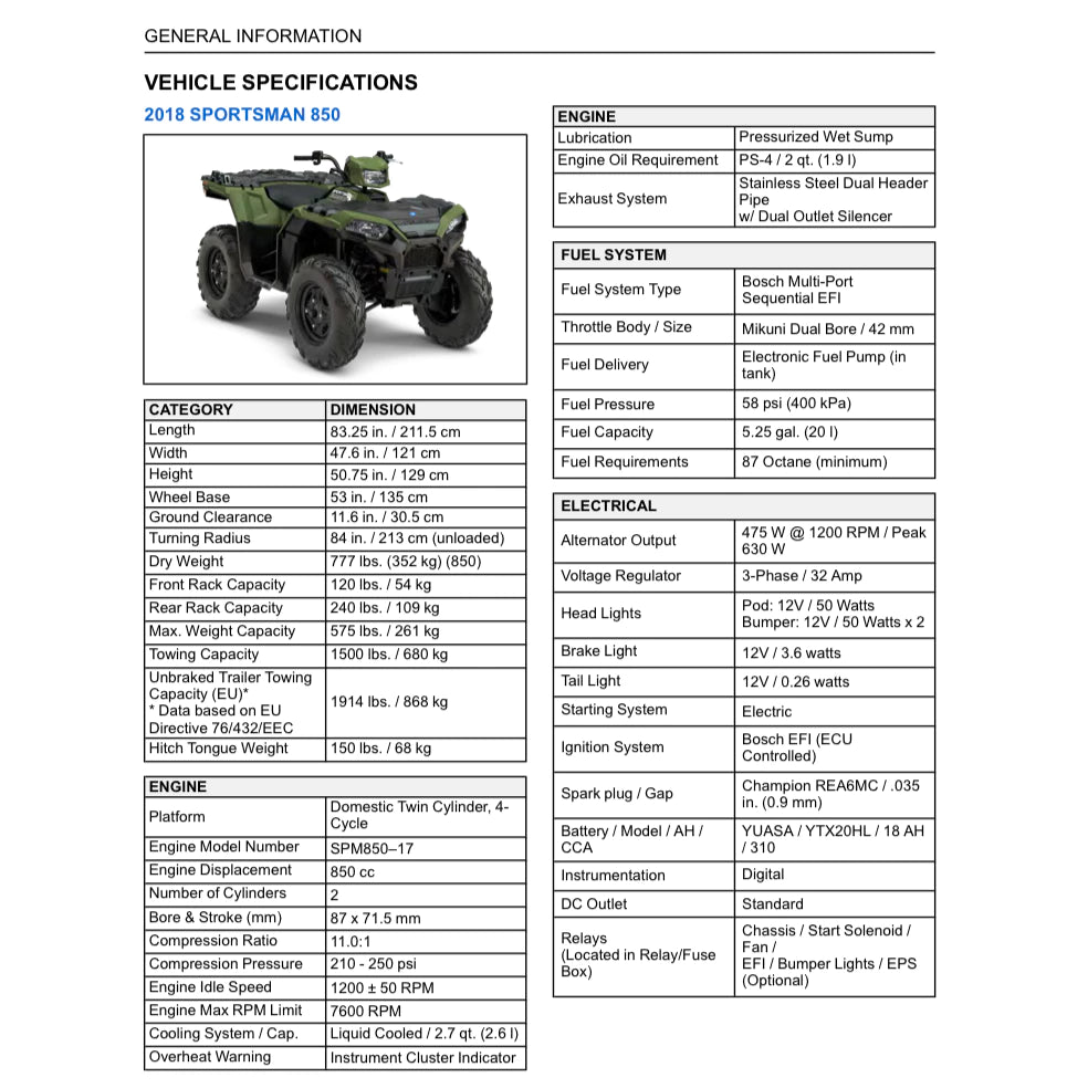 POLARIS SPORTSMAN 850/1000 ATV (2018-2019) SERVICE WORKSHOP MANUAL