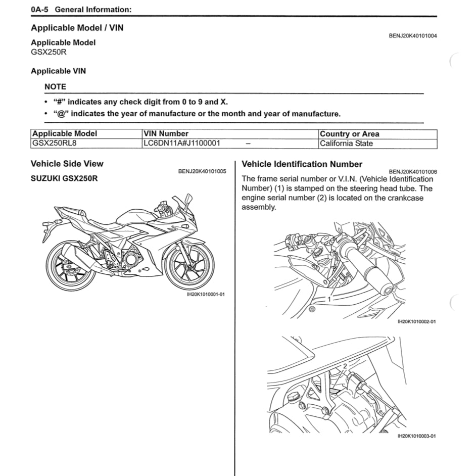 SUZUKI GSX250R (2017-2023) SERVICE WORKSHOP MANUAL + OWNER'S MANUAL