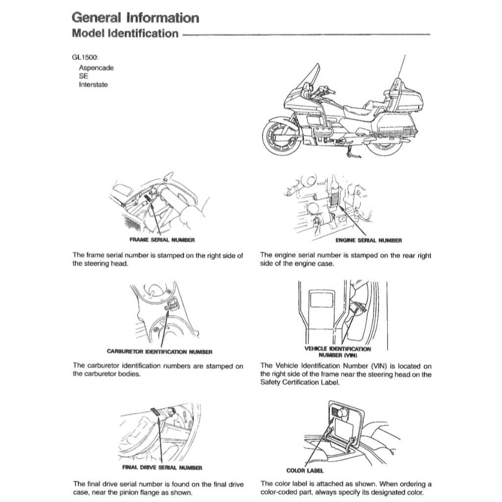 HONDA GOLD WING GL1500 ASPERCADE SE INTERSTATE (1987-2000) SERVICE WORKSHOP MANUAL + PARTS CATALOGUE + OWNER'S MANUAL