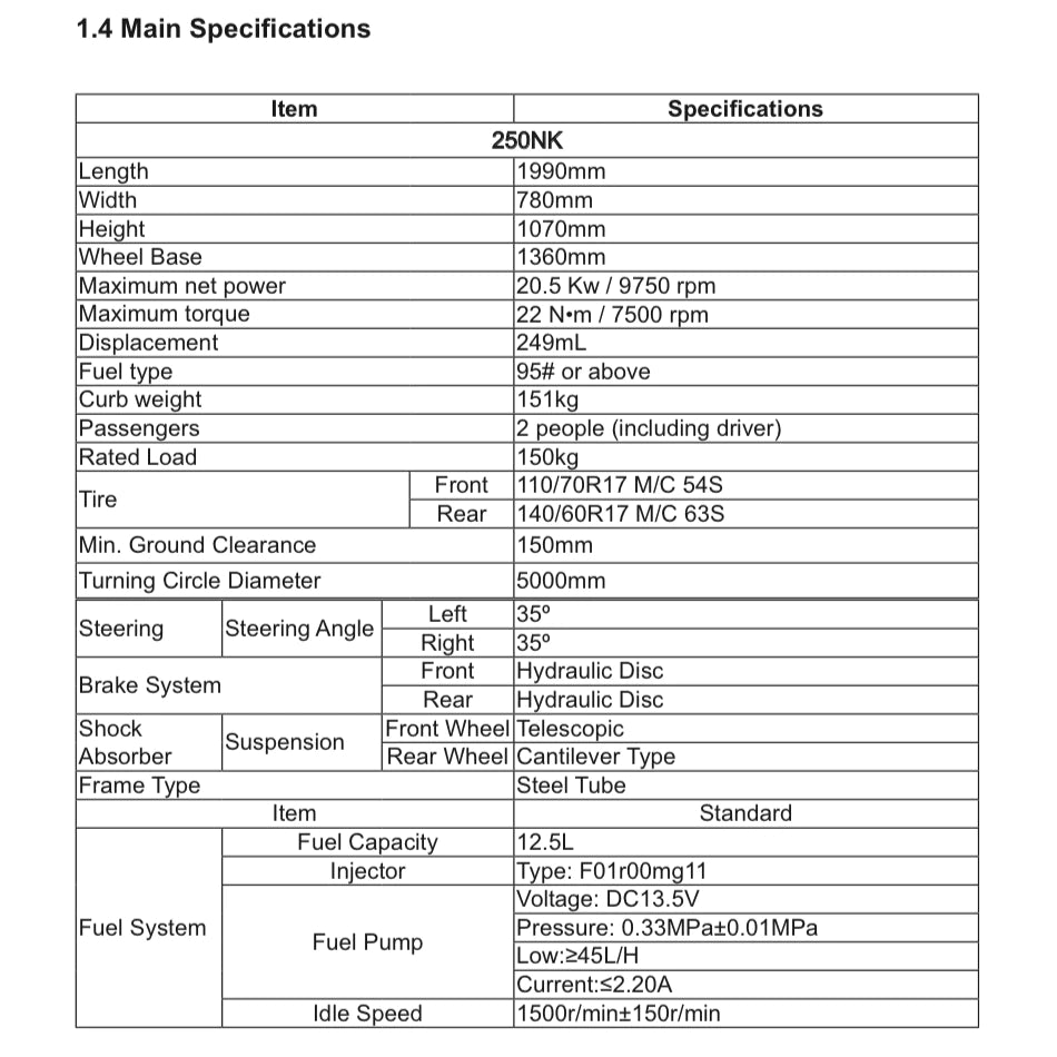 CFMOTO 250NK (2024+) SERVICE WORKSHOP MANUAL + PARTS CATALOGUE+ OWNER'S MANUAL
