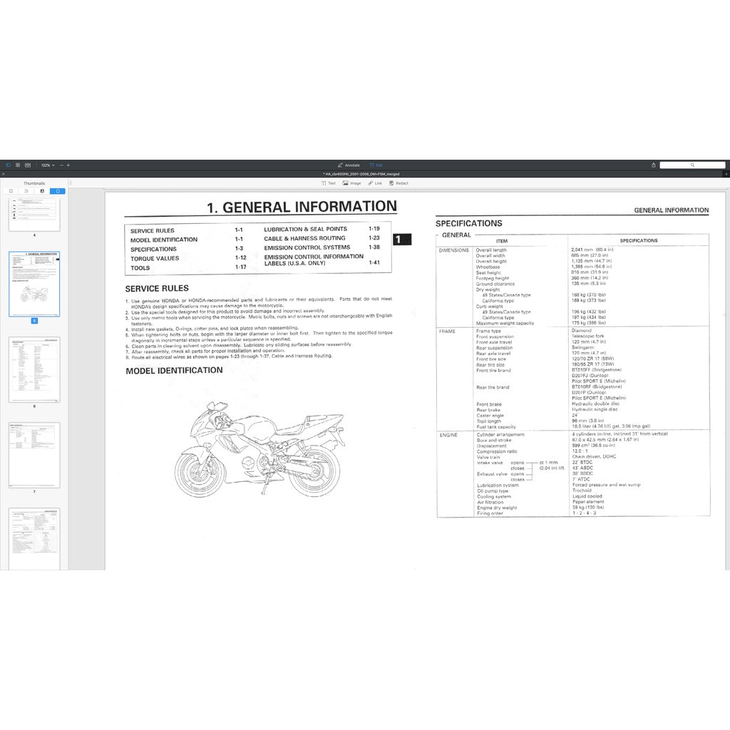 HONDA CBR600 F4i (2001-2006) SERVICE WORKSHOP MANUAL + PARTS CATALOGUE + OWNER'S MANUAL